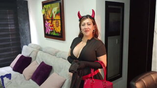 Horny Latina MILF Wife in Devil Costume Gives Hot POV Blowjob and Gets Cum All Over Her Ass and Back